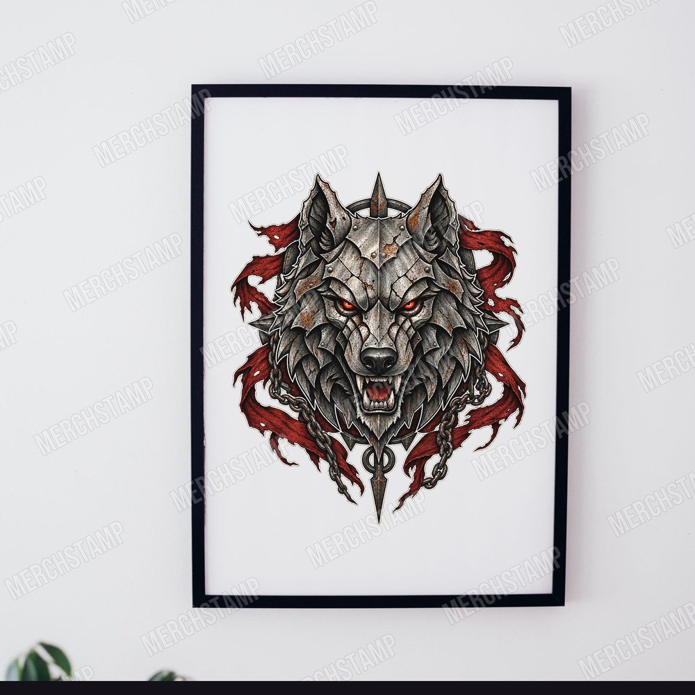 Armored Wolf Head PNG design shown as a framed print, a snarling wolf head in cracked metal armor with red eyes, torn red banners and chains