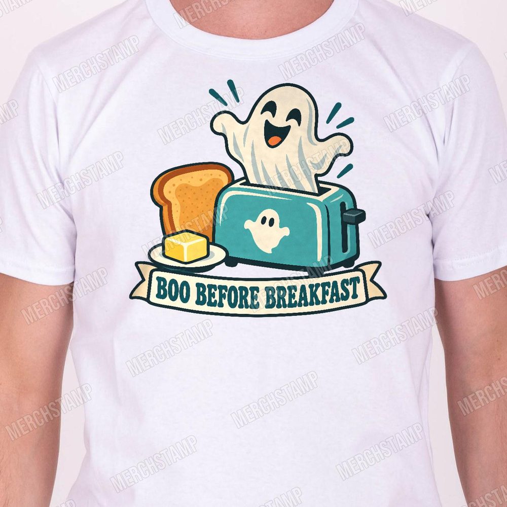 Boo Before Breakfast PNG design shown on a white t-shirt, a laughing ghost popping out of a teal toaster beside toast above a banner reading Boo Before Breakfast