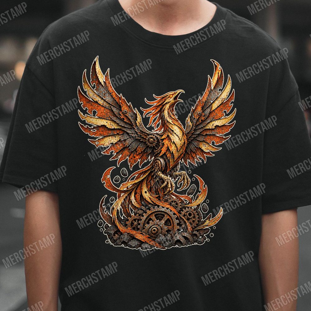 Steampunk Phoenix PNG design shown on a black t-shirt, a copper mechanical phoenix with gear-and-rivet wings spread wide over a pile of gears