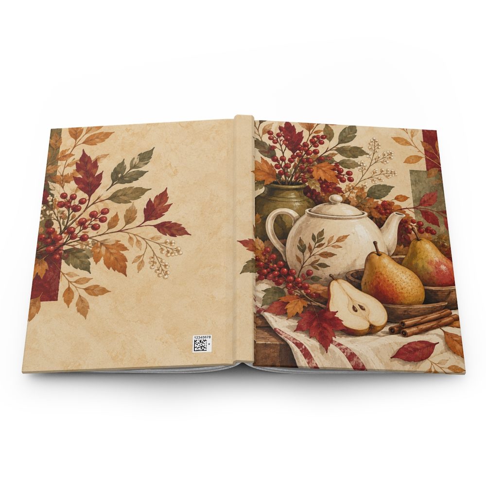 Autumn Tea and Pears hardcover journal shown open flat, a teapot, ripe pears and autumn leaves in a warm still life on cream wrapping across the front, spine and back cover