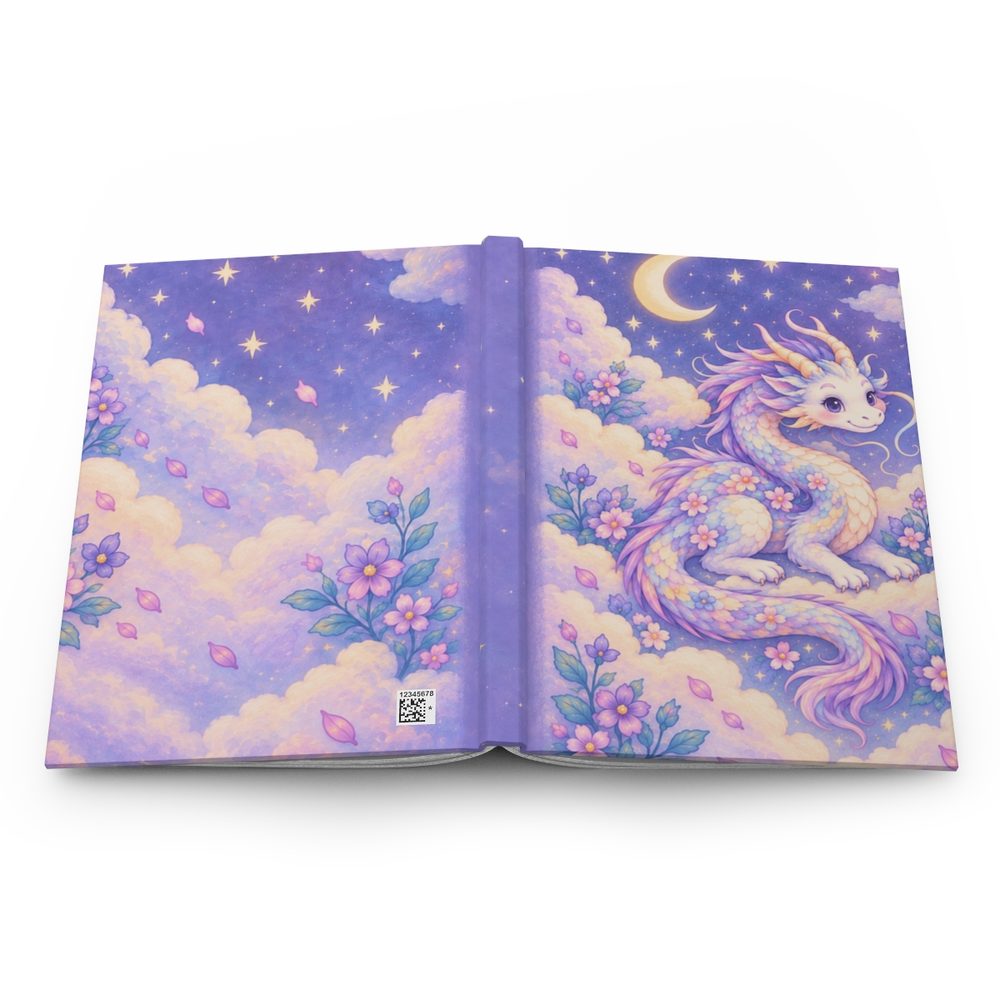 Cloud Dragon hardcover journal shown open flat, a friendly white dragon curling through lilac clouds, flowers and stars wrapping across the front, spine and back cover
