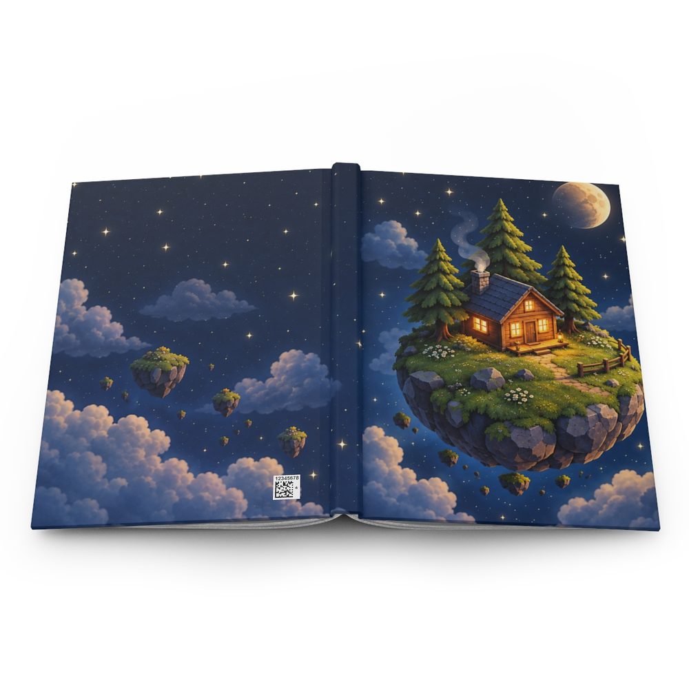 Cosmic Cabin hardcover journal shown open flat, a glowing cabin and pine trees on a tiny floating planet above night clouds wrapping across the front, spine and back cover