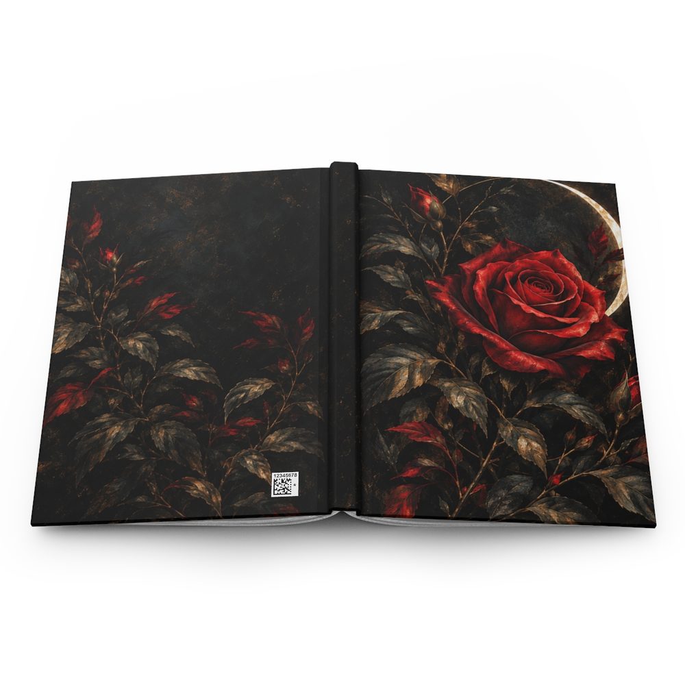 Dark Rose hardcover journal shown open flat, a single crimson rose glowing out of dark, shadowy foliage wrapping across the front, spine and back cover