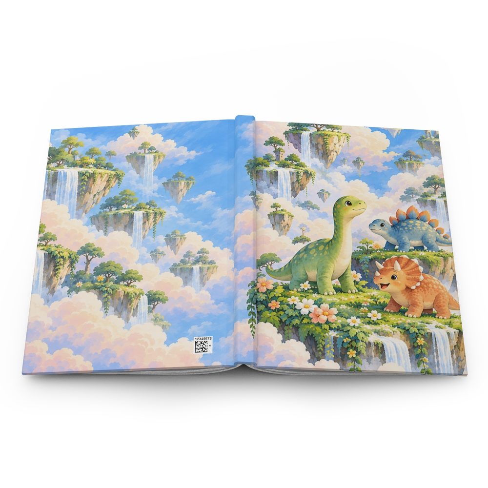 Dinosaur Cloud Garden hardcover journal shown open flat, a friendly green dinosaur and a small orange one among floating cloud gardens and waterfalls in pastel blue wrapping across the front, spine and back cover