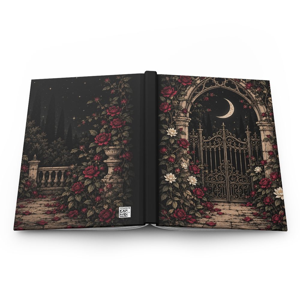 Gothic Garden Gate hardcover journal shown open flat, a wrought-iron garden gate covered in red roses under a pale crescent moon wrapping across the front, spine and back cover