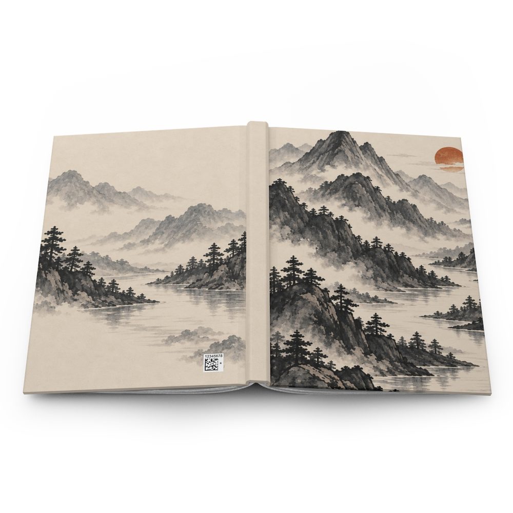 Ink Mountain hardcover journal shown open flat, charcoal ink mountain ridges, a winding river and a small rust-colored sun on cream wrapping across the front, spine and back cover