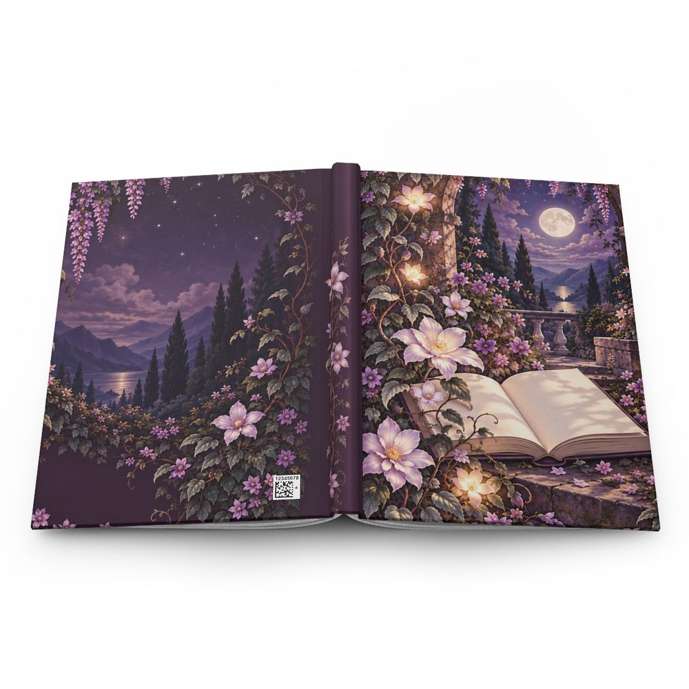 Moonlit Book Garden hardcover journal shown open flat, an open book glowing among night flowers and curling vines under a starry sky wrapping across the front, spine and back cover
