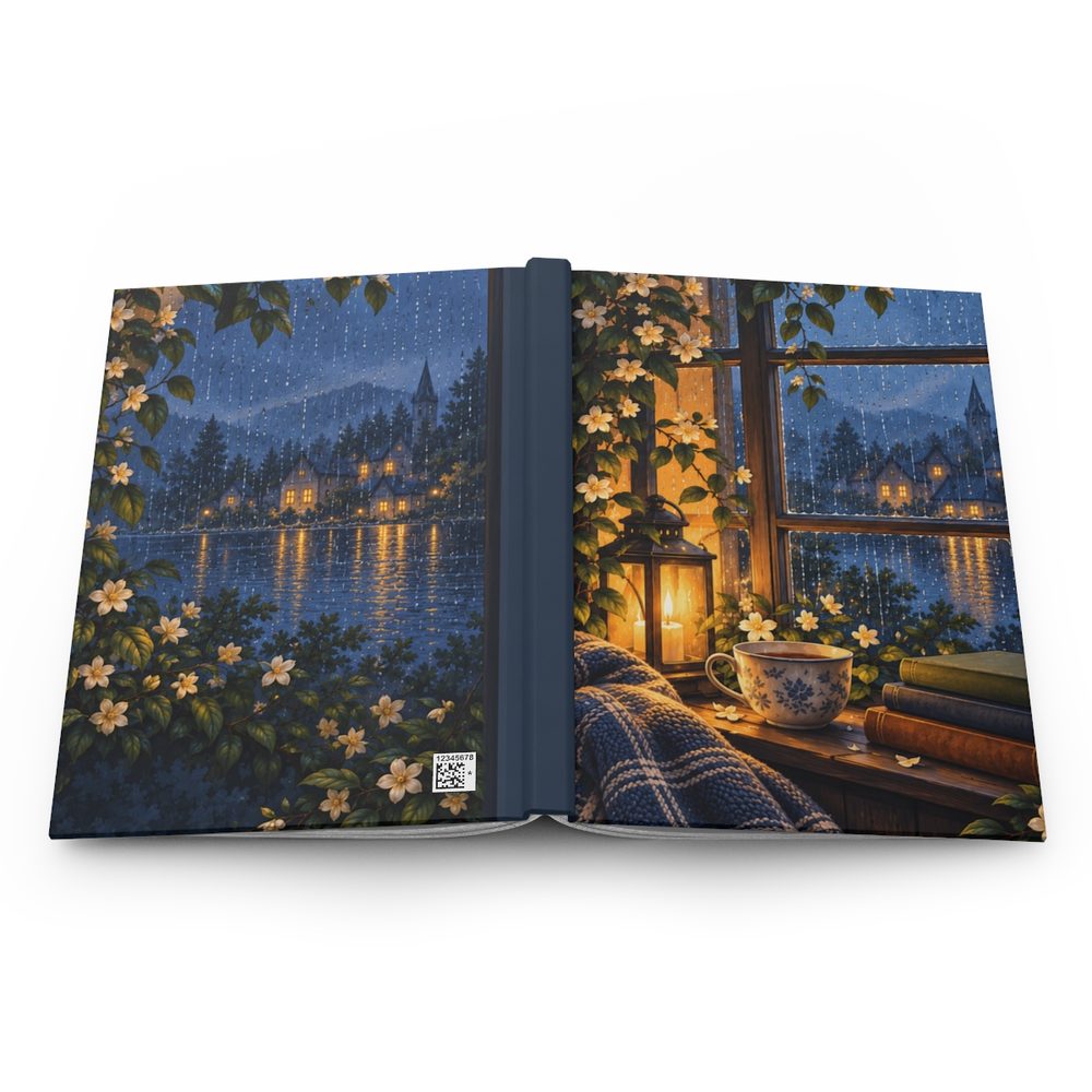 Rainy Window hardcover journal shown open flat, a rainy night town through a window, with a lantern, teacup and books on the sill wrapping across the front, spine and back cover