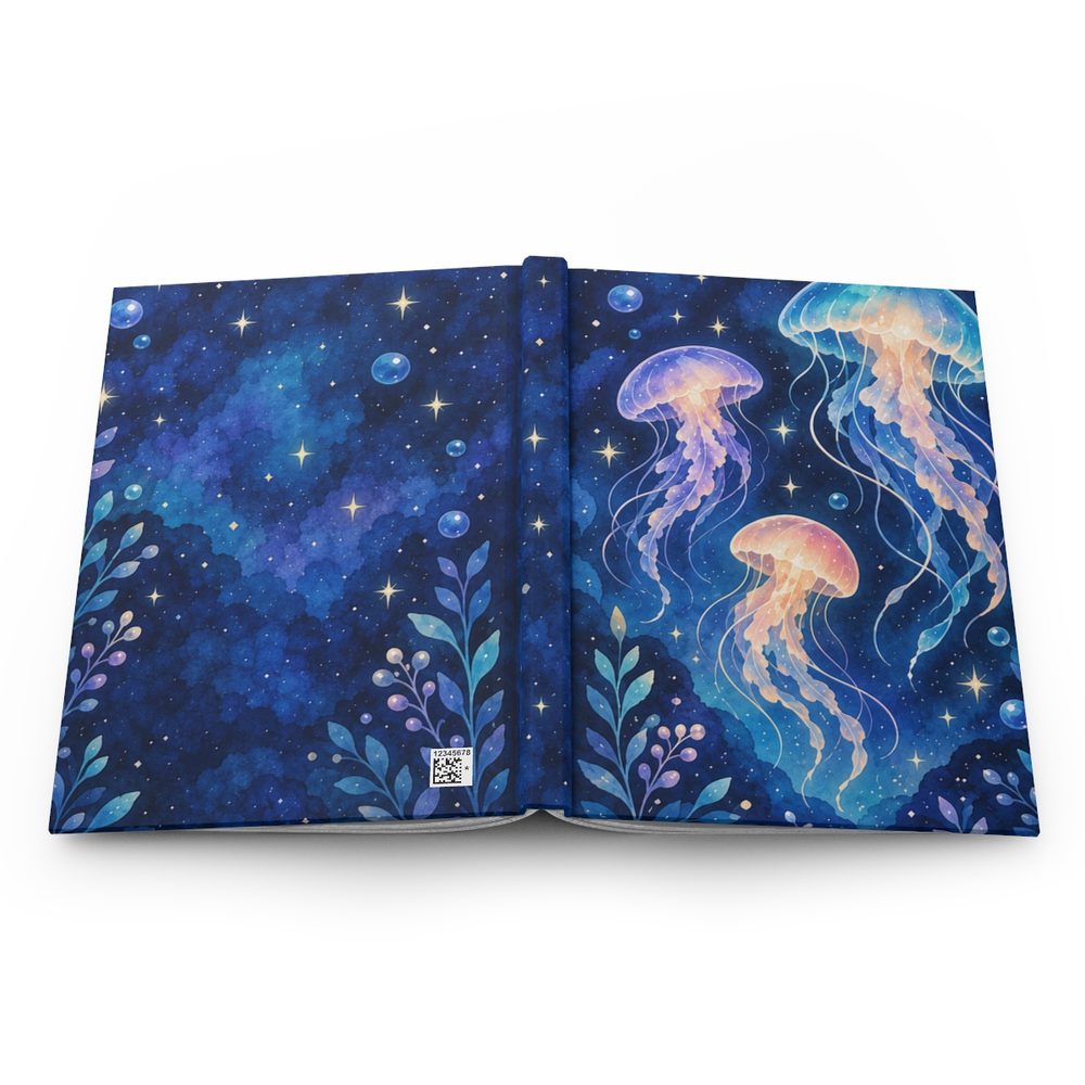 Starry Jellyfish hardcover journal shown open flat, glowing jellyfish drifting through a deep blue starry night with sea plants wrapping across the front, spine and back cover