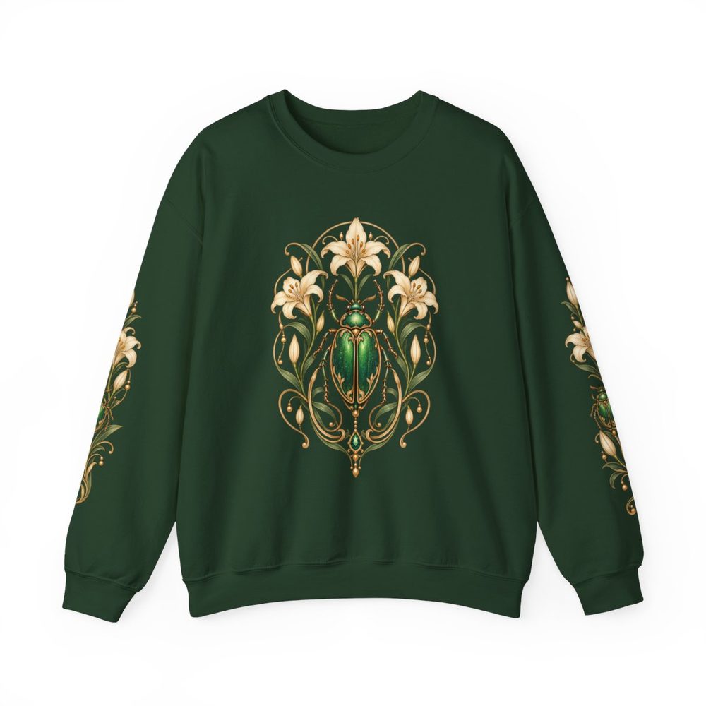 Jewel Beetle crewneck sweatshirt in forest green, an emerald jewel beetle framed by cream lilies and gold Art Nouveau ornament on the front with matching prints down both sleeves