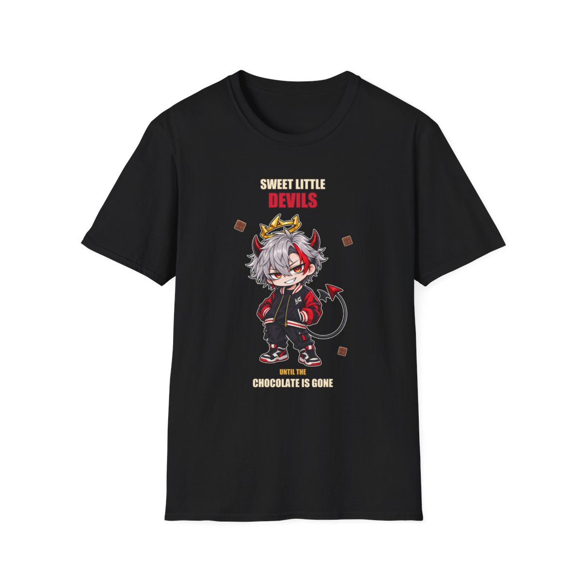 Sweet Little Devils tee, chibi devil boy print, a silver-haired chibi devil in a red and black varsity jacket with red horns, a gold crown and a devil tail beside scattered chocolate squares, on a black t-shirt