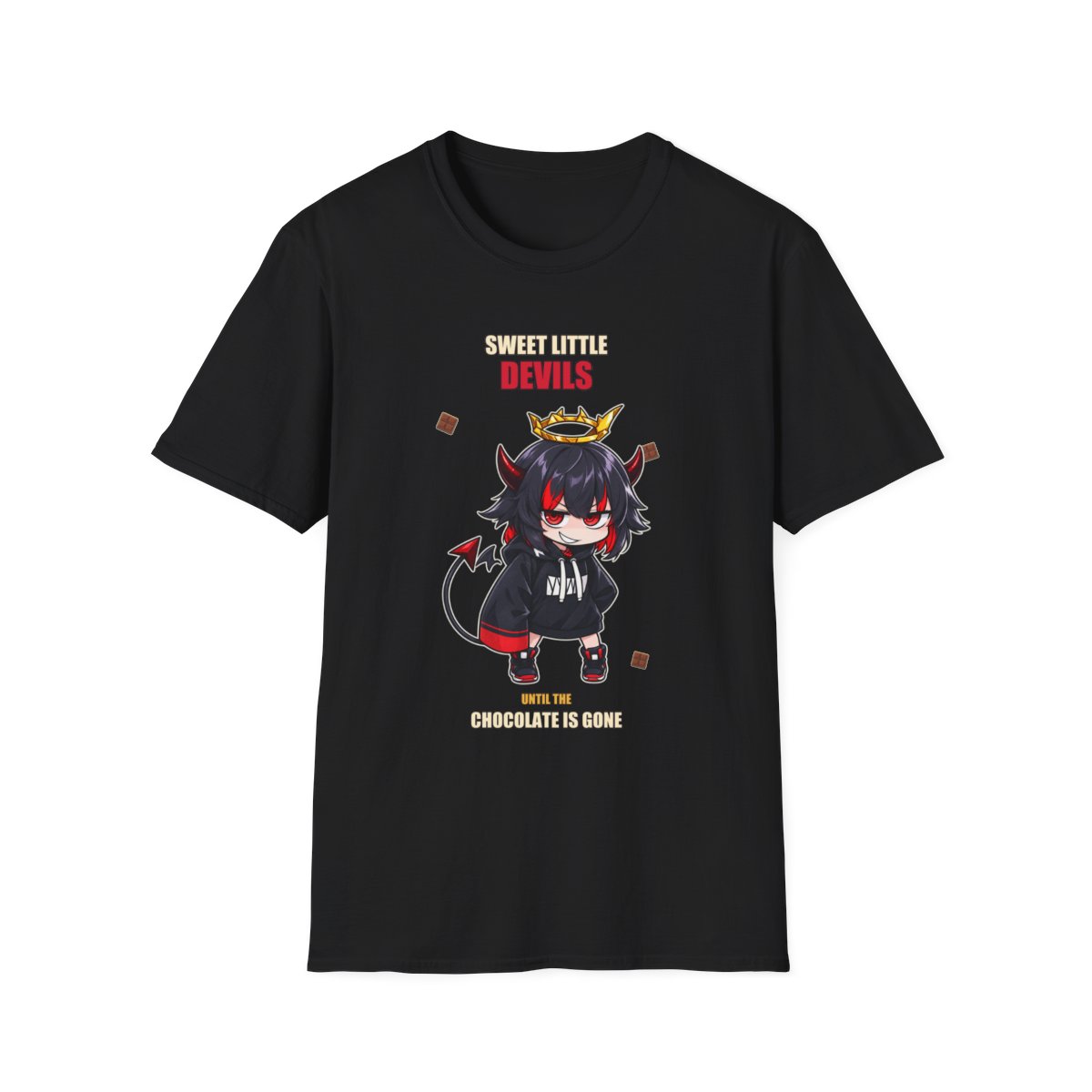 Sweet Little Devils tee, chibi devil girl print, a purple-haired chibi devil in a black hoodie with red horns, a gold crown and a devil tail beside scattered chocolate squares, on a black t-shirt