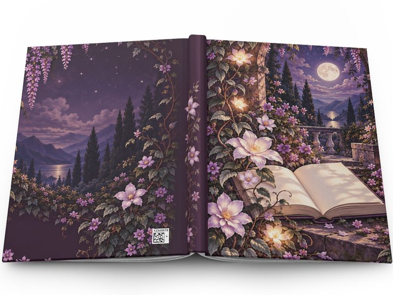 Moonlit Book Garden hardcover journal shown open flat, its night garden art wrapping the whole cover