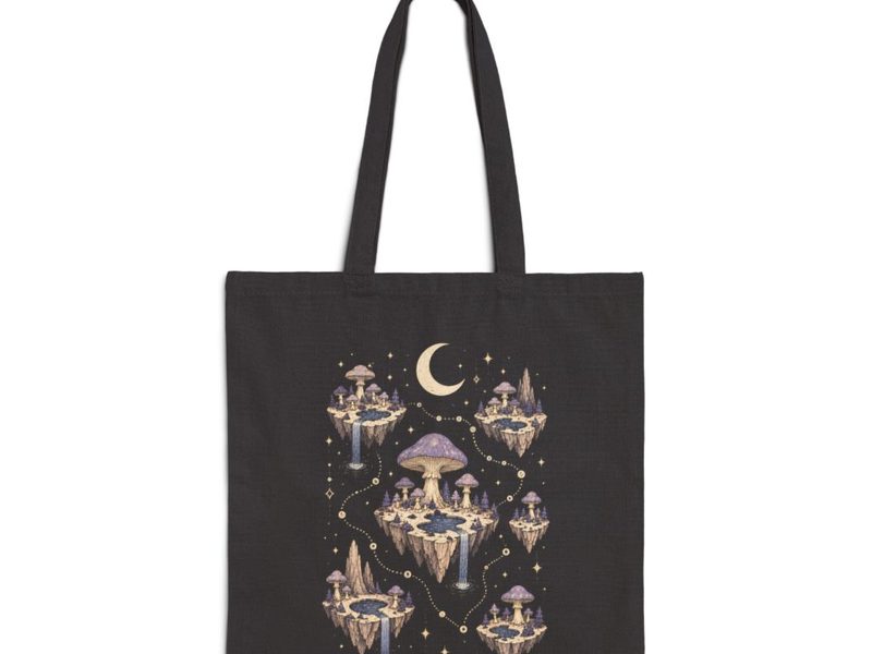 Moonlit Mushroom Map tote bag in black cotton canvas