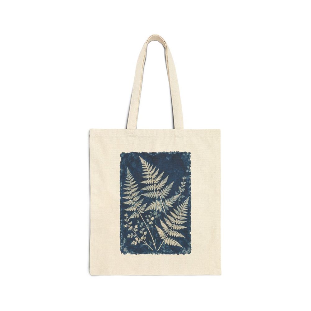 Blue Fern Botanical tote bag in natural cotton canvas, printed with pale fern silhouettes on a deep indigo cyanotype-style panel