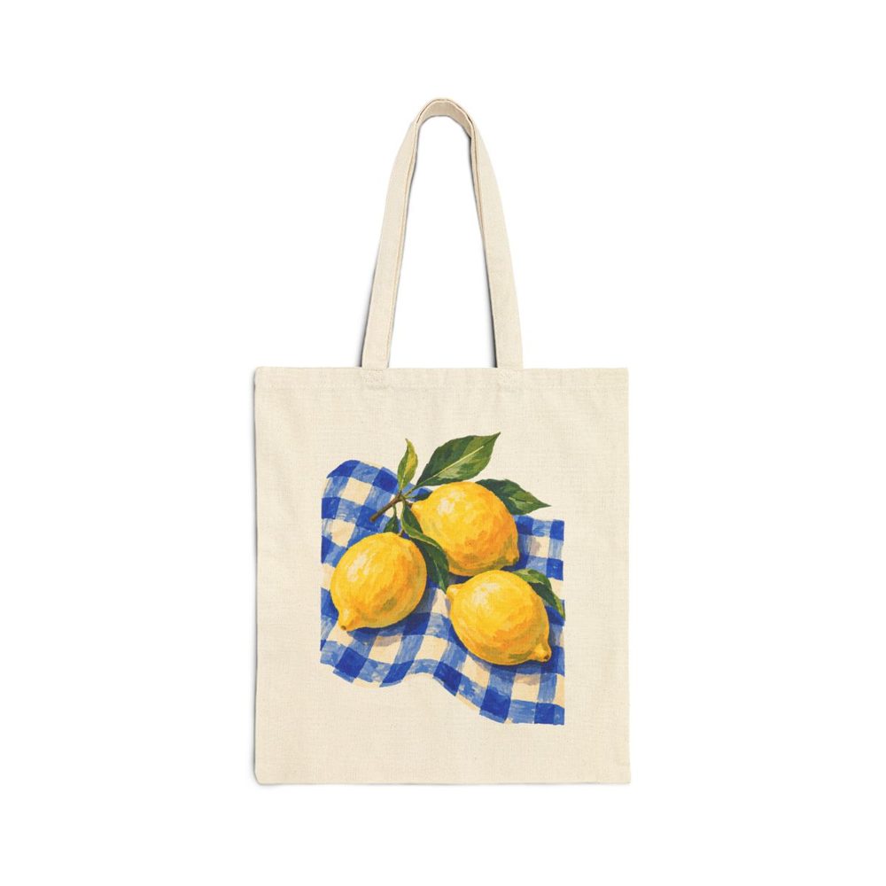 Lemon and Blue Check tote bag in natural cotton canvas, printed with yellow lemons and green leaves on a blue gingham cloth
