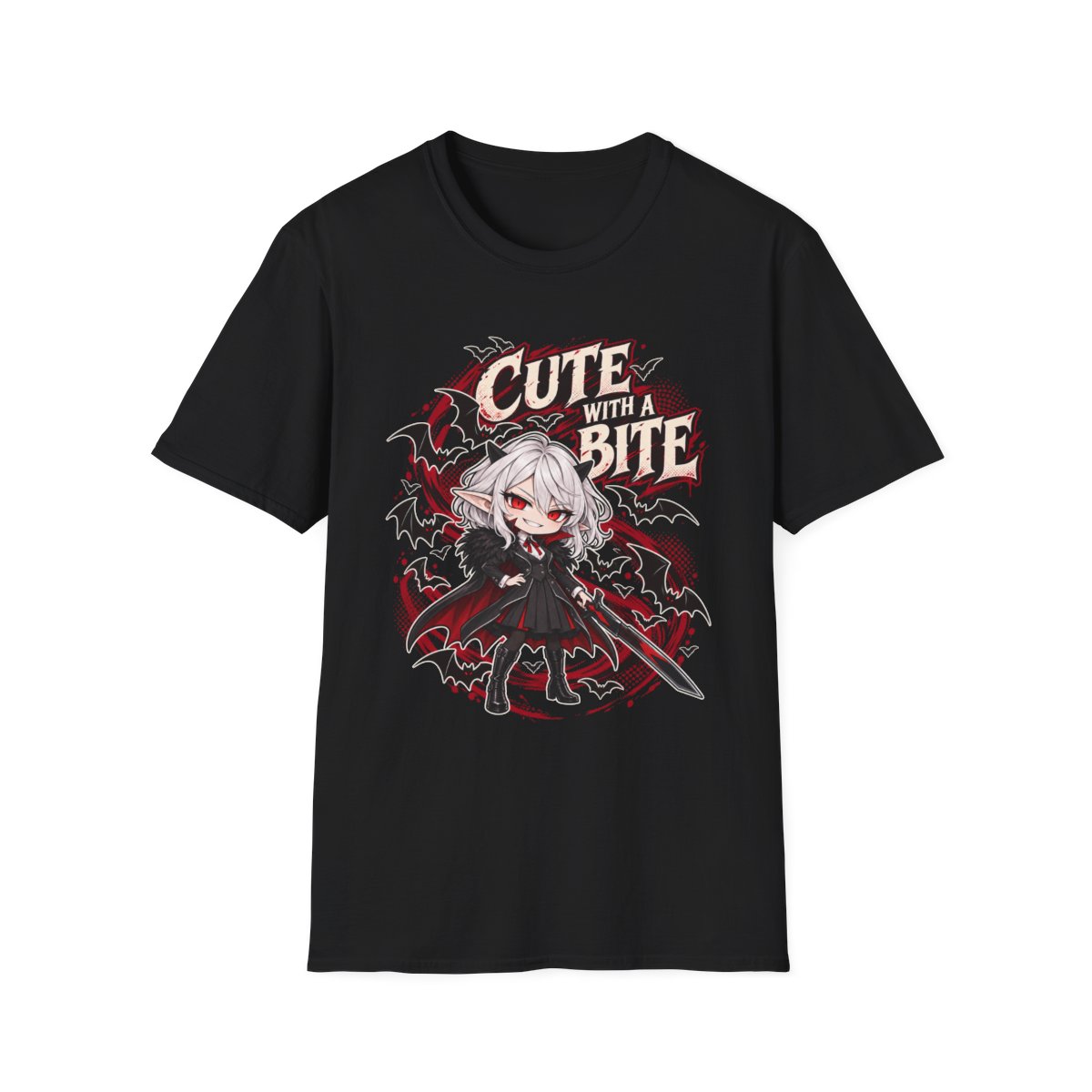 Cute With a Bite tee, a chibi silver-haired vampire girl among bats with a sword, on a black t-shirt