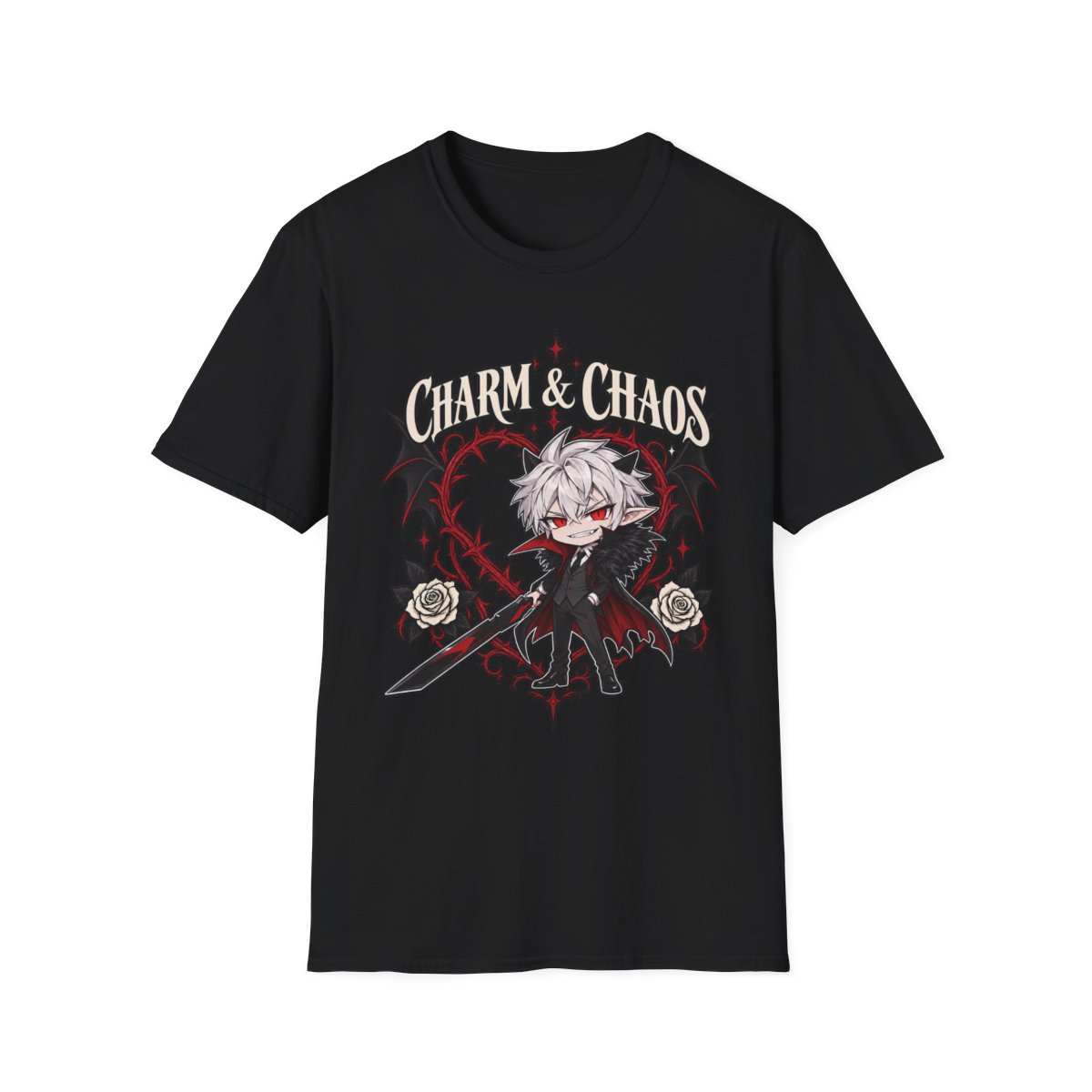 Charm and Chaos tee, a chibi silver-haired vampire boy with red eyes and bat wings before a crimson thorn heart, on a black t-shirt