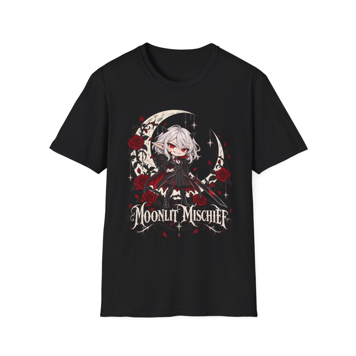 Moonlit Mischief tee, a chibi silver-haired vampire girl with a sword before a crescent moon and roses, on a black t-shirt