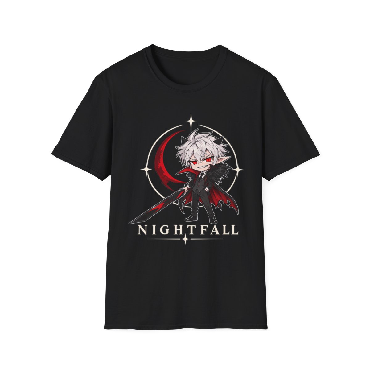 Nightfall tee, a chibi silver-haired vampire boy with a sword before a crimson crescent moon, on a black t-shirt