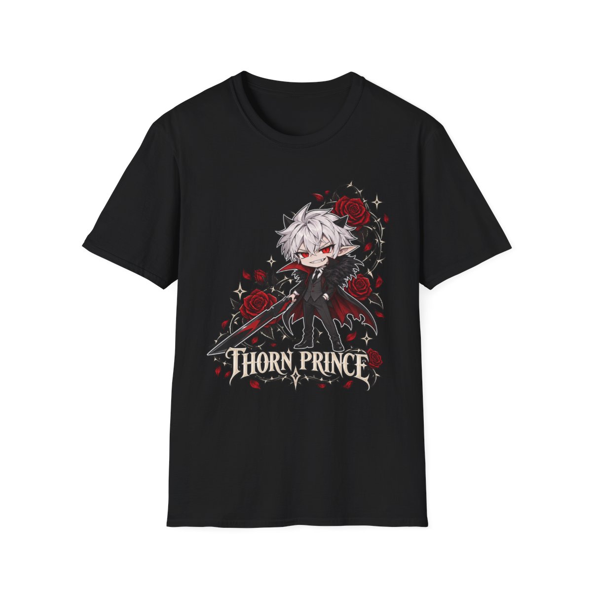 Thorn Prince tee, a chibi silver-haired vampire boy with a sword among red roses and thorn branches, on a black t-shirt