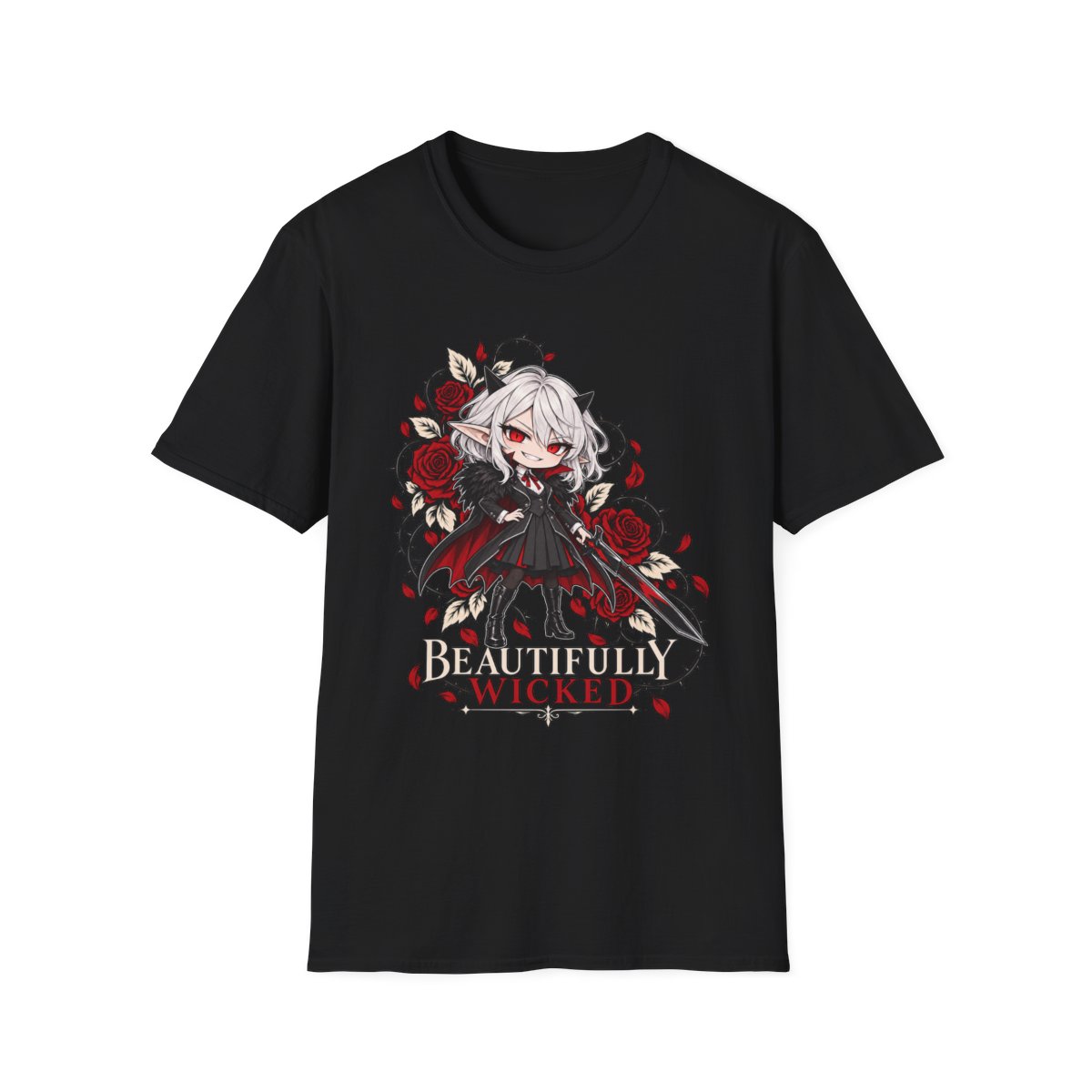 Beautifully Wicked tee, a chibi silver-haired vampire girl with a sword among red roses and thorns, on a black t-shirt